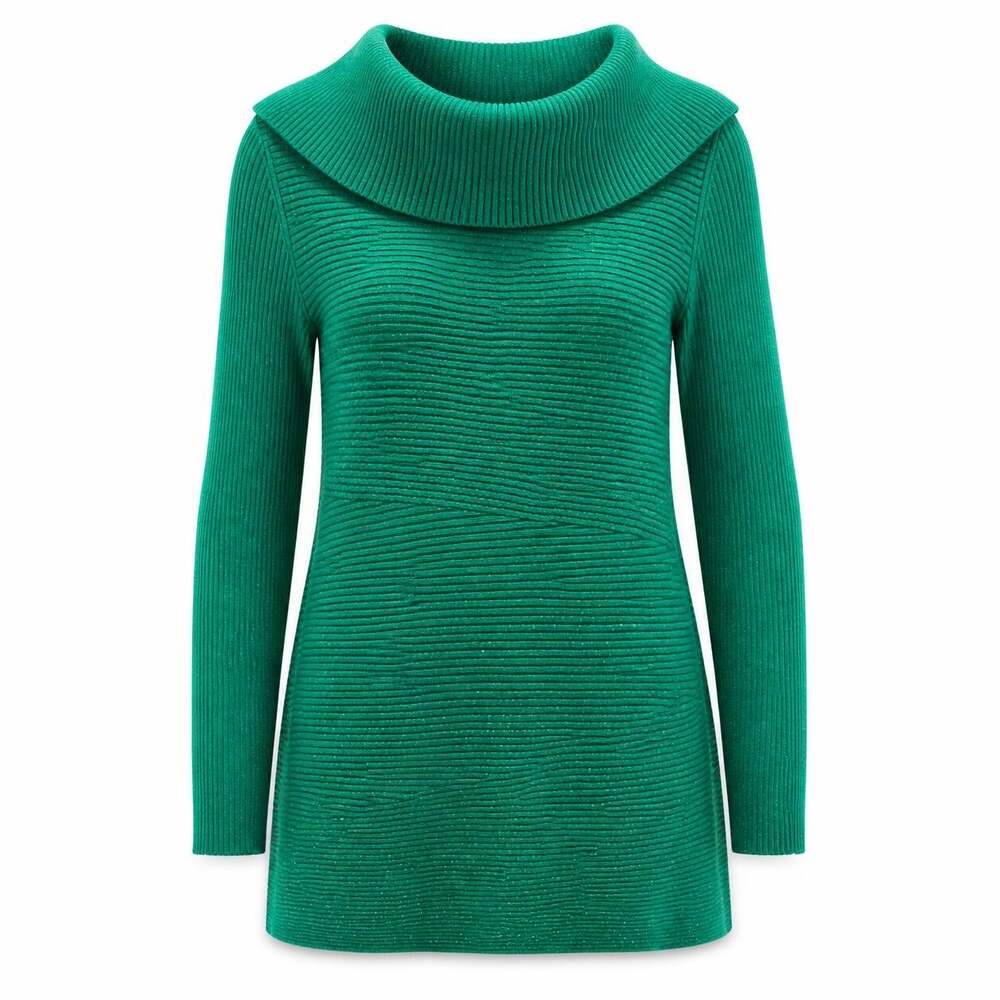 Alfani Green Cowl Neck Tunic Sweater Women's S Ribbed Metallic Shimmer Knit